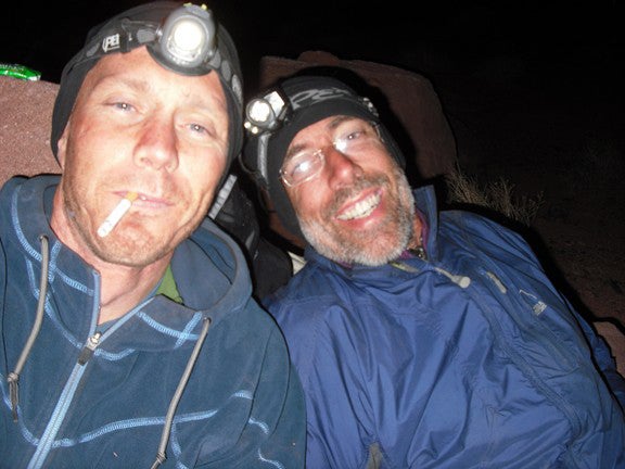 Jeremy Aslaksen (left) and Paul Gagner, Jeremy Aslaksen (left) and Paul Gagner, bivied below Doric Column in the Mystery Towers. Photo by Jeremy Aslaksen.