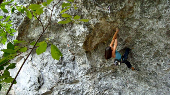 Jacinda Hunter climbing in American Fork Canyon. Photo courtesy of Prana