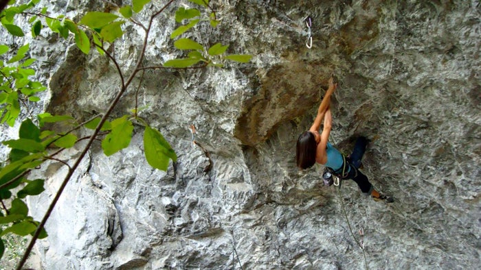 Jacinda Hunter climbing in American For Jacinda Hunter climbing in American Fork Canyon. Photo courtesy of Prana