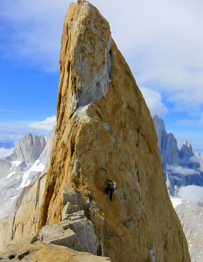 Scott Bennett during the first complete Scott Bennett during the first complete traverse of Cerro Pollone, which followed the second ascent and first free ascent of A Fine Piece on the…