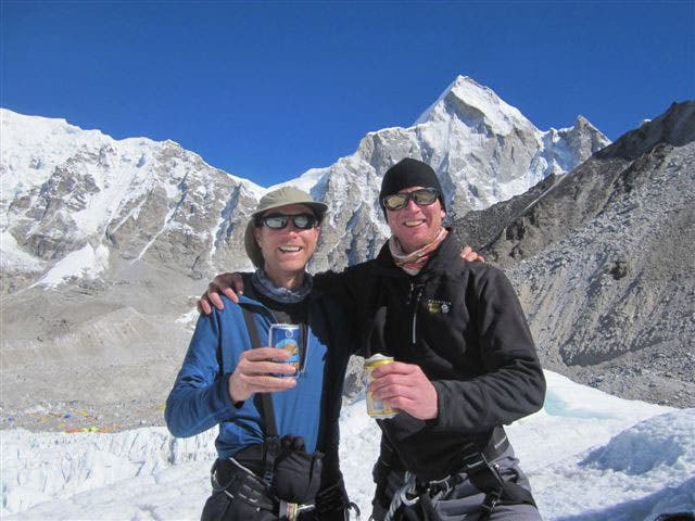 Rob Hart (left) and Michael Horst celebrate their return to Everest base camp. Courtesy of alpineascents.com