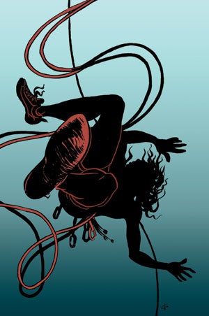 Illustration of famous climbing accident: falling in Eldorado Canyon.