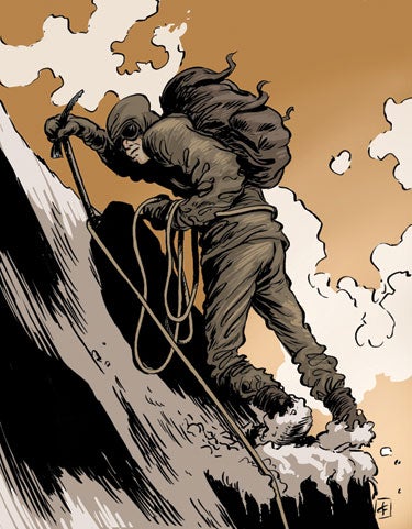 Illustration of famous climbing accident: Downclimbing Annapurna after partner dies.