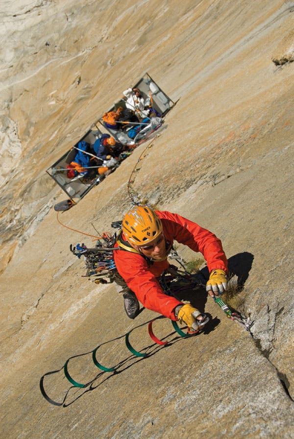 Aid climber ascends big wall in Yosemite.