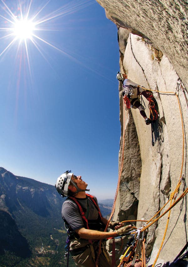 Climbers ascend Yosemite big wall.