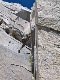 Dave Anderson leading the crux pitch (5 Dave Anderson leading the crux pitch (5.11) of Voces en la Noche near the base of Pirita Right. Photo by Jared Spaulding.