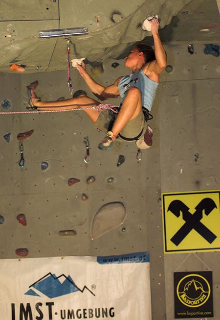 May 28, 2005. Muriel Sarkany (BEL), Final route. UIAA World Cup, Imst, Austria. © Bernardo Gimenez