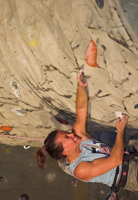 May 28, 2005. Muriel Sarkany (BEL), Final route. UIAA World Cup, Imst, Austria. © Bernardo Gimenez