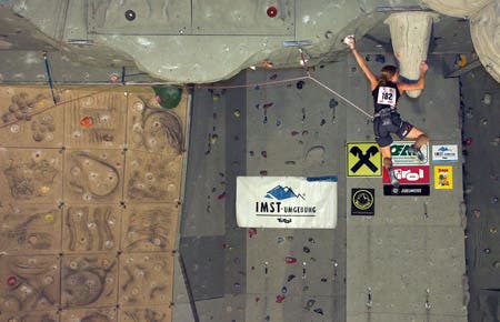 May 28, 2005. Katharina Saurwein(AUT), Final route. UIAA World Cup, Imst, Austria. © Bernardo Gimenez