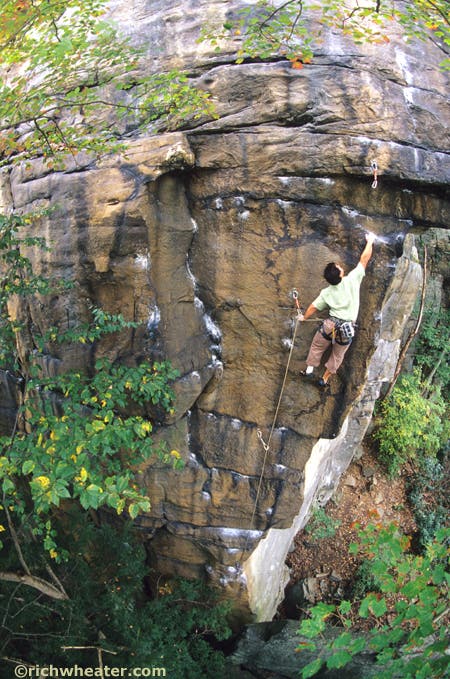 First Steps AF_10907.jpg Alex Fitzner on First Steps (5.10c), New River Gorge, West Virginia © Photo by Rich Wheater