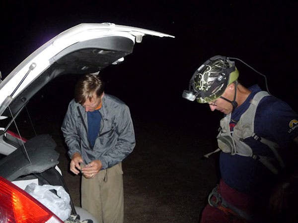 Hans Florine (left) and Bill Wright gea Hans Florine (left) and Bill Wright gear up before their 100-pitch day in Eldorado Canyon, Colorado. Photo by Lou Lorber