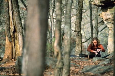 Senja Palonen lacing up at Hueco Simulator, Rocktown, Georgia © Photo by Rich Wheater