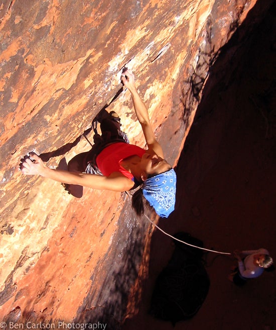 michele-c_1096.jpg Michele Moffatt climbing hard in the Gallery, Red Rocks, NV. © Photo by Ben Carlson