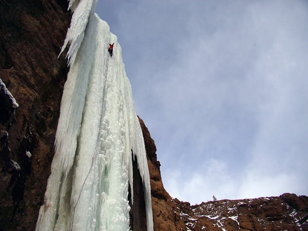 Mulkey on The Testament (WI5+) which is Mulkey on The Testament (WI5+) which is possibly the valley's tallest pillar at almost 55 meters high. Photo courtesy of coldfear.com