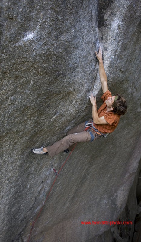 Nico Favresse at the final crux of the Nico Favresse at the final crux of the Cobra Crack (5.14) at Squamish, British Columbia. Photo by Ben Ditto / Bendittophoto.com