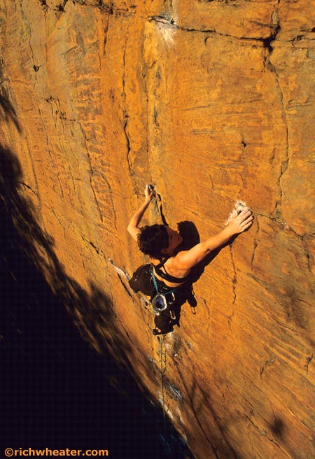 Sheri Kashman on Orange Juice 5.12c, Red River Gorge, Kentucky © Photo by Rich Wheater