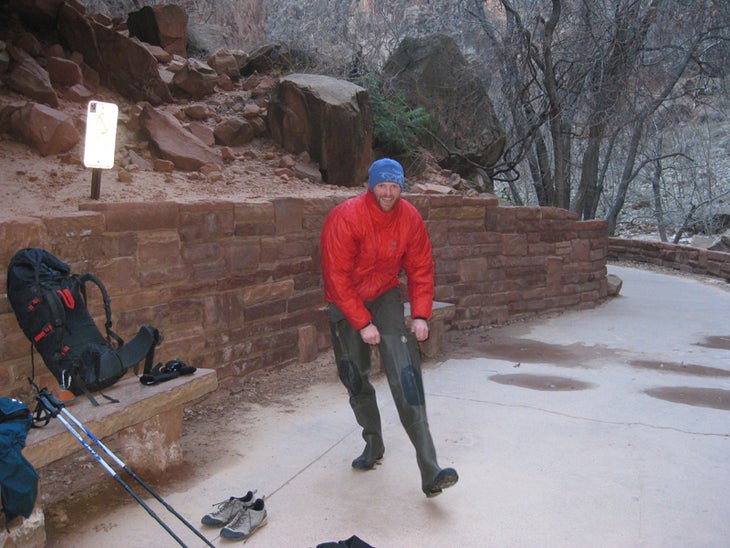 Rob Pizem gears up for the approach to Rob Pizem gears up for the approach to Walking on Water (5.12+/5.13-) in the Zion Narrows. Courtesy of Rob Pizem.