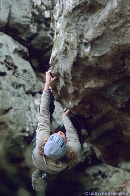Senja Palonen on Sherman Roof (unknown problem V4), Rocktown, Georgia © Photo by Rich Wheater