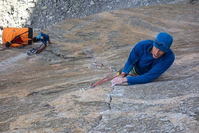 Hooker-140 Nik Berry resting before the crux of the 5.14a sixth pitch of Sendero Luminoso.