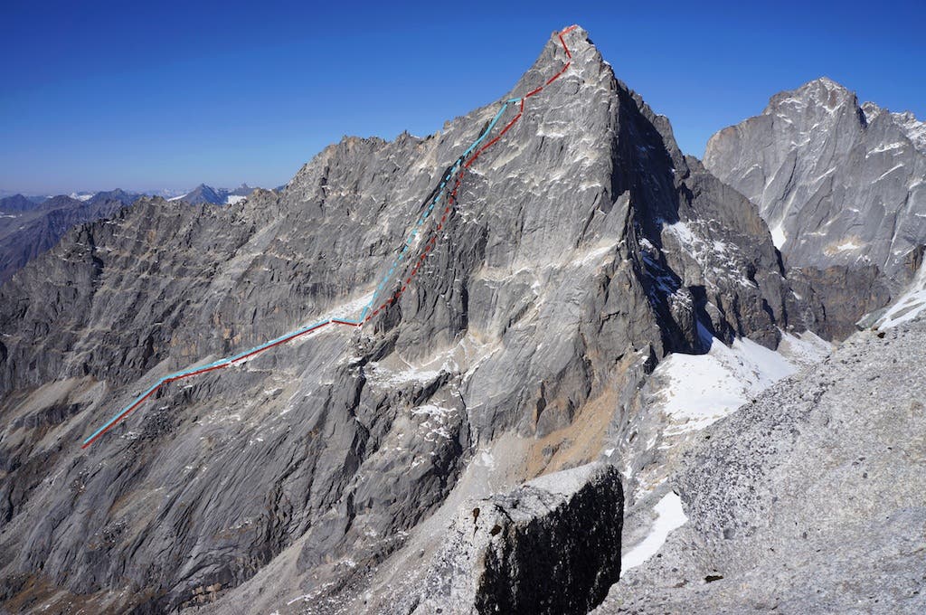 Dayantianwo with the two lines climbed on the southwest face.