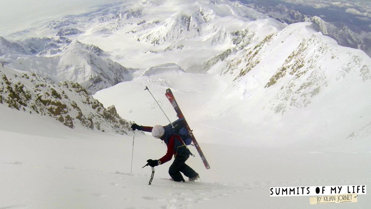 Kilian-Jornet-Summits-of-My-Life-McKinl Kilian Jornet climbing the Rescue Gully on Denali, en route to the summit.