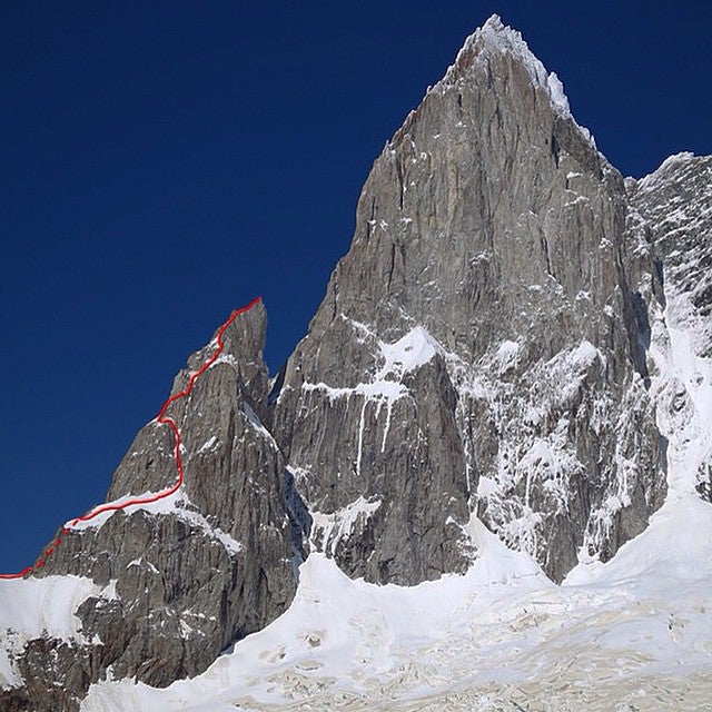 10850268_302496783291520_87296979213075 The stunning southern pillar of Cerro San Lorenzo rises at least 3,500 feet high. Colin Haley and Rob Smith climbed Aguja Antipasto, in lower left,…