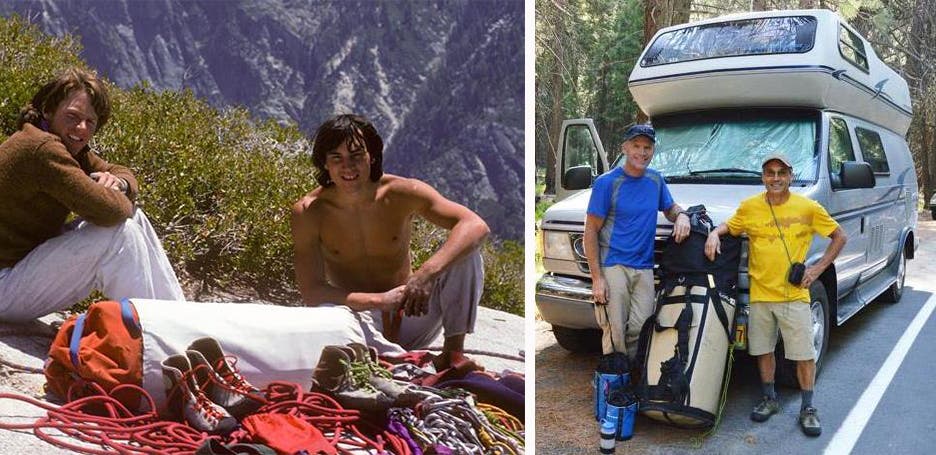 Max Jones (left) and Mark Hudon on top of the Nose in 1976 and in the Valley 39 years later.