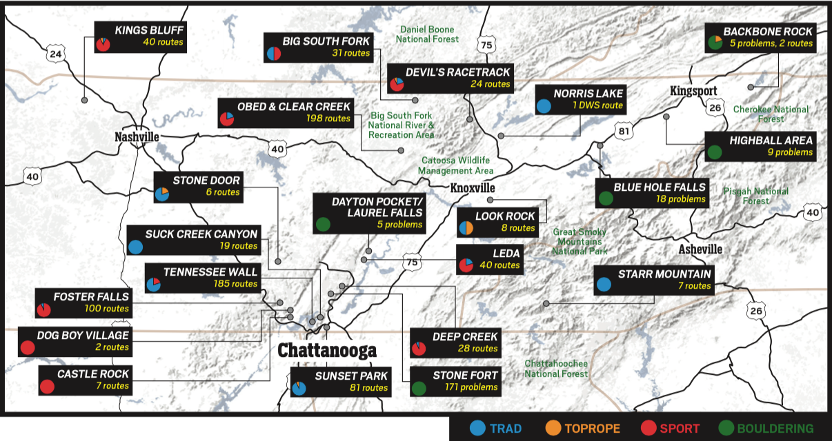 Chattanooga Rock Climbing Area Map