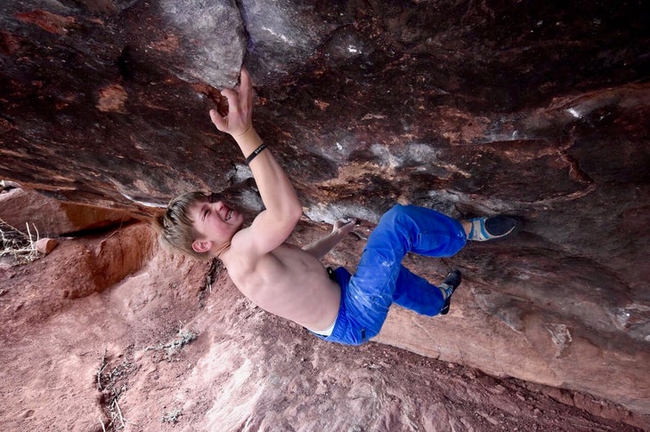 Christopher Deuto works Bambi (V12) at Matthews-Winters Park, Colorado. Photo: Courtesy Josh Deuto