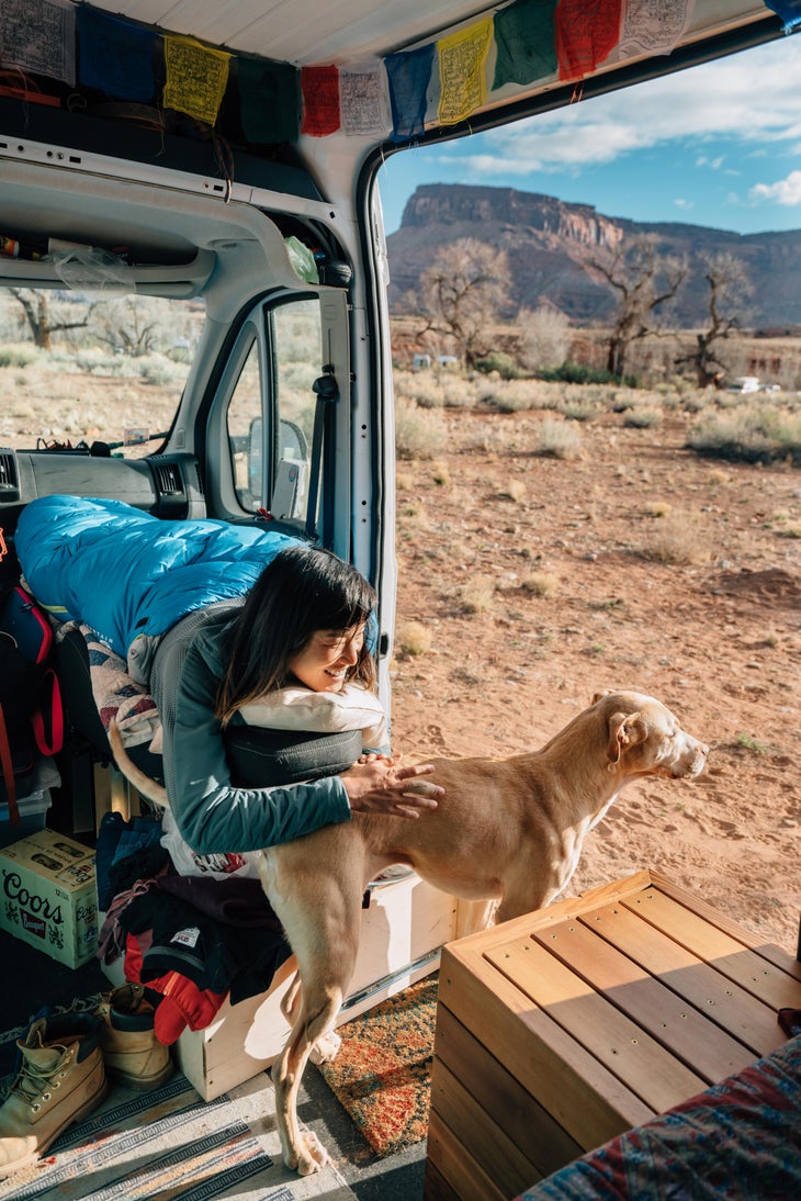 Shelma Jun Lizzie Indian Creek Van Life Utah Desert