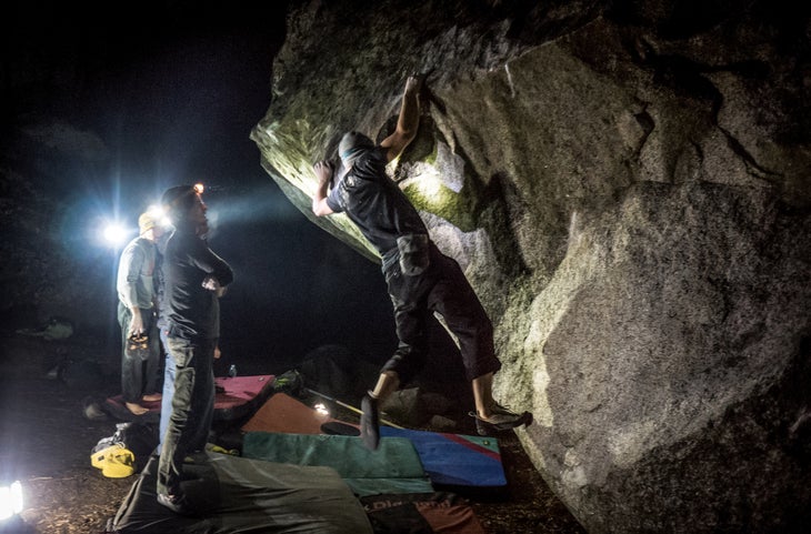 phonebookatnight1 (1 of 1)_gn-web Eliot Carlsen Phonebook Camp 4 Bouldering Yosemite Rock Climbing