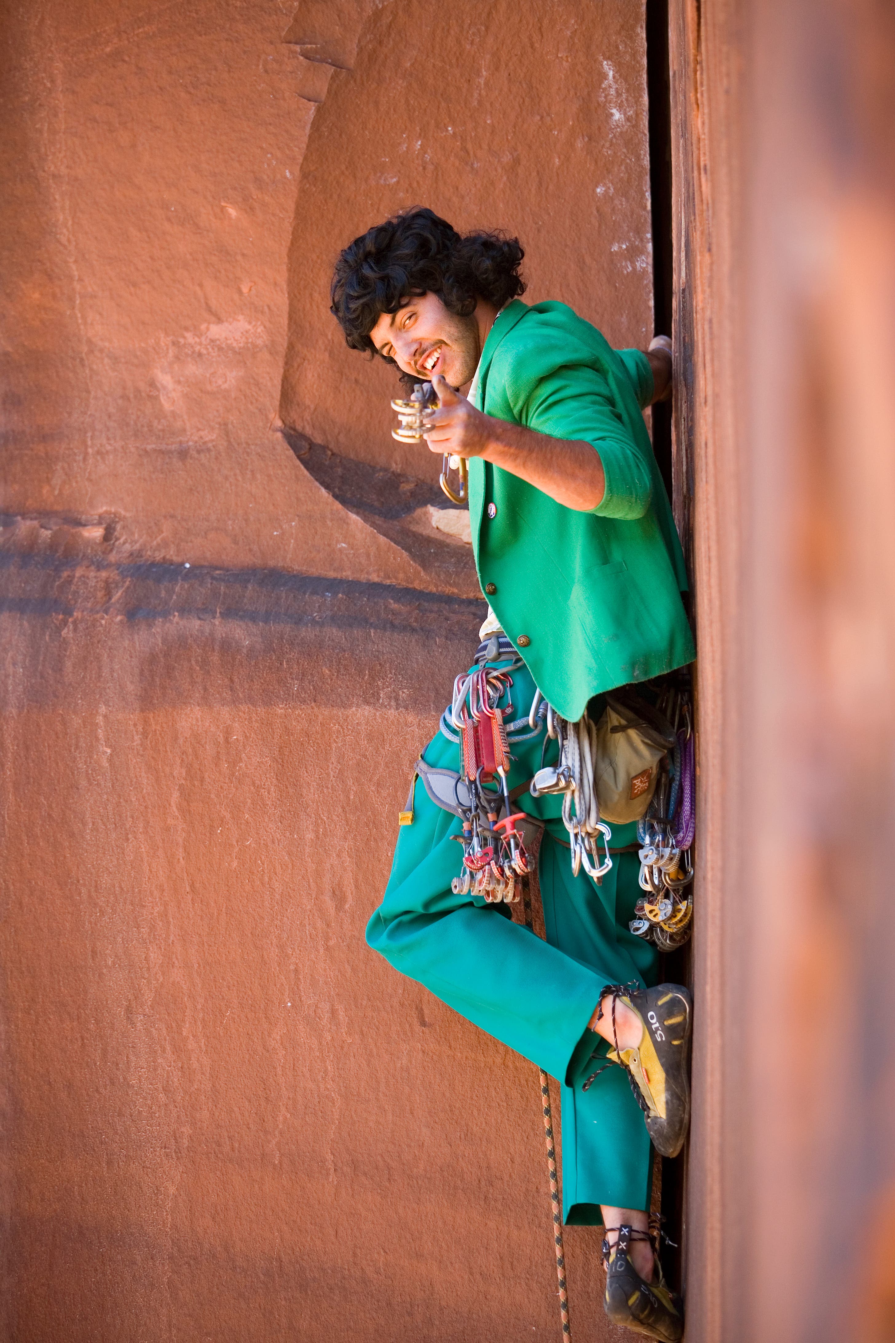 Rock Climbing indian creek mullet wig crack cams posed funny