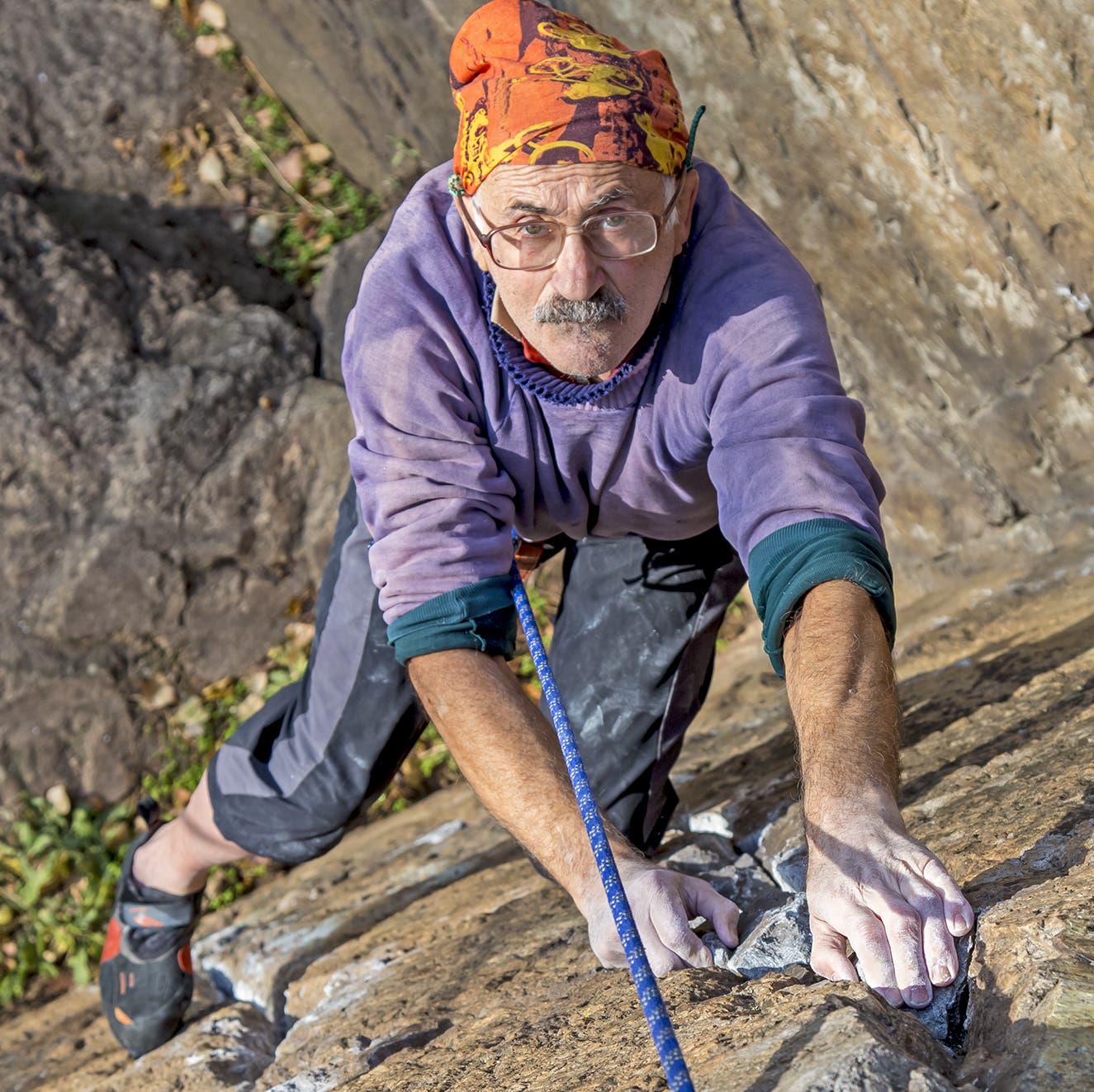 old man rock climbing crusty trad toprope follow