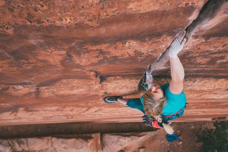 sav.cummins.katieangmoab-00891-web Angela VanWiemeersch thin-hands Miss Kitty 5.11+ Maverick Buttress Moab Utah Crack Climbing Trad Roof
