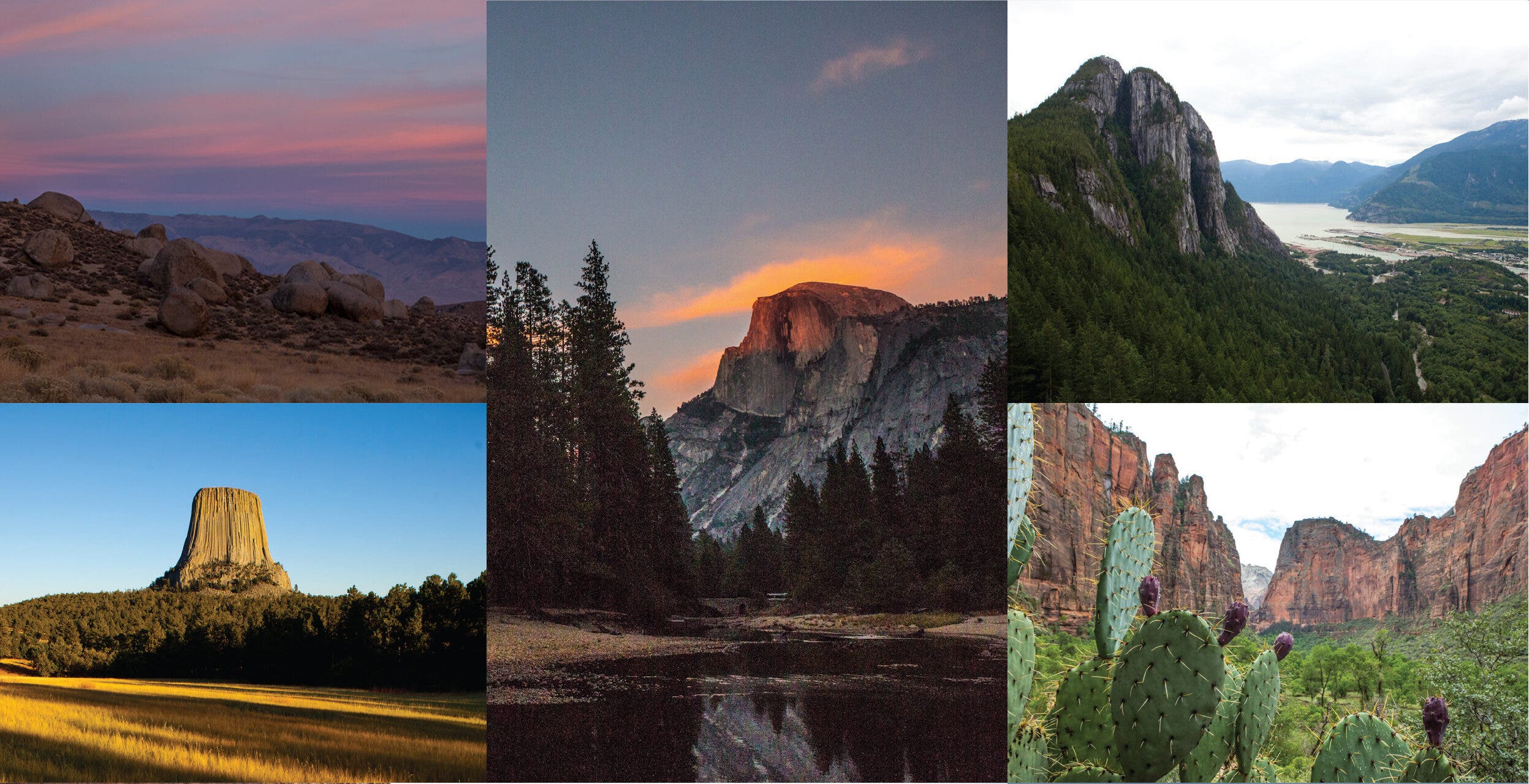 Clockwise from upper left: Payahuunadü (Bishop) showing the Buttermilk Boulders; Ahwahnee (Yosemite) showing Half Dome; Skwxwú7mesh (Squamish) showing Stawamus 