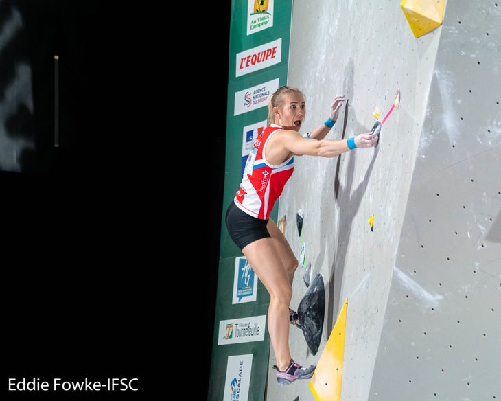 Russian Luliia Kaplina, and any subsequent Russian climbers who qualify for the 2020 Olympics, will have to compete with a _neutral_ national affiliation. (Photo_ Eddie Fowke-IFSC) None