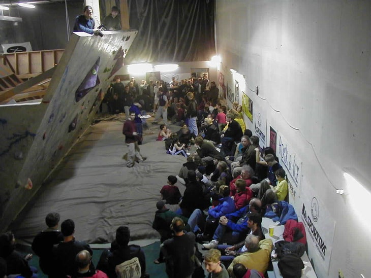 Crowds nudge into Climb Time in Cincinnati, Ohio, for the ABS 1 Championships in 2001. From these humble beginnings, the ABS circuit of competitions would eventually evolve into USA Climbing's Open Bouldering National Championships (photo c None