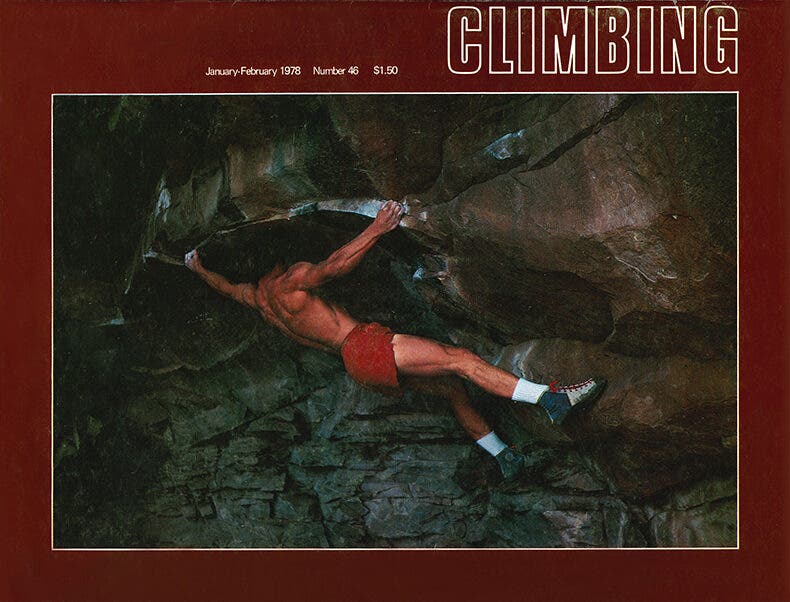 Cover of Climbing magazine showing John Long climbing John Gill's Ripper Traverse bouldering problem near Pueblo, Colorado, in the late 1970s.