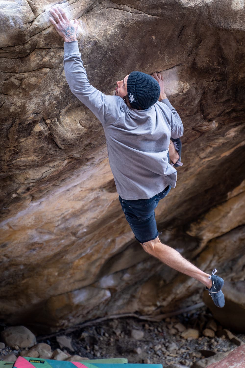 Daniel Woods on one of the final moves of Return of the Sleepwalker (V17).