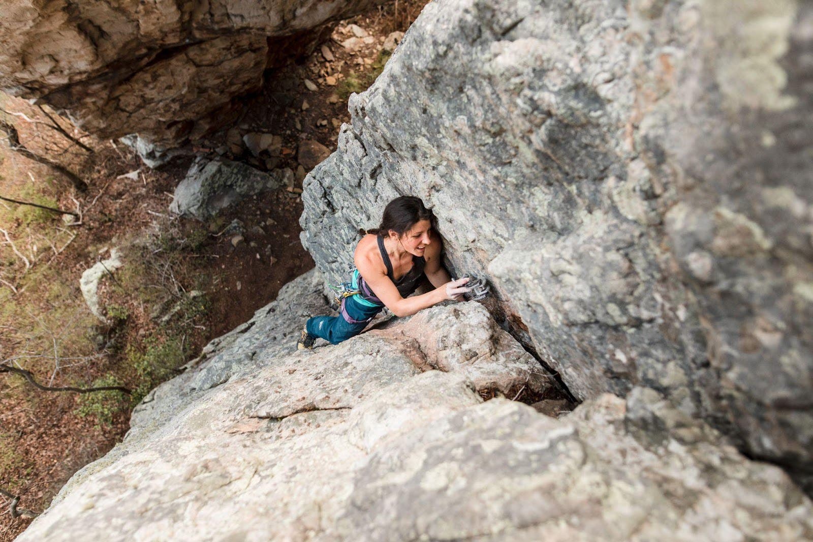 Andrea Hassler, SCC Executive Director, climbing at Woodcock Cove. Caleb Timmerman photo.