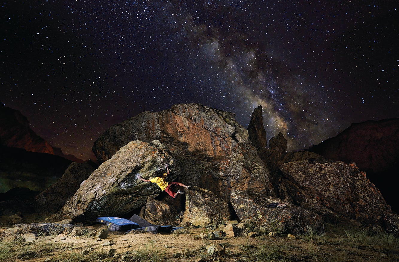 Sandeep Maity busts a move on Green Mamba (V9), Quantum Sector, with the Milky Way as a witness. Maity is an Indian national climbing champion and works as a freelance climbing instructor. A climber of 10 years, he has opened more than 500 boulders across India. 

Photo by Sharad Chandra