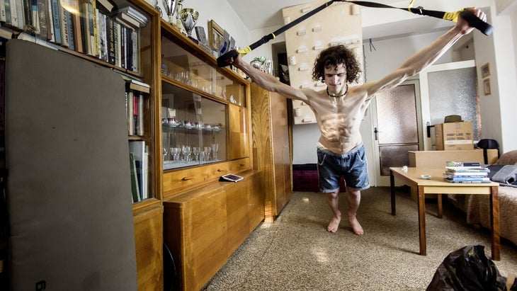 Rock climber Adam Ondra training at home.
