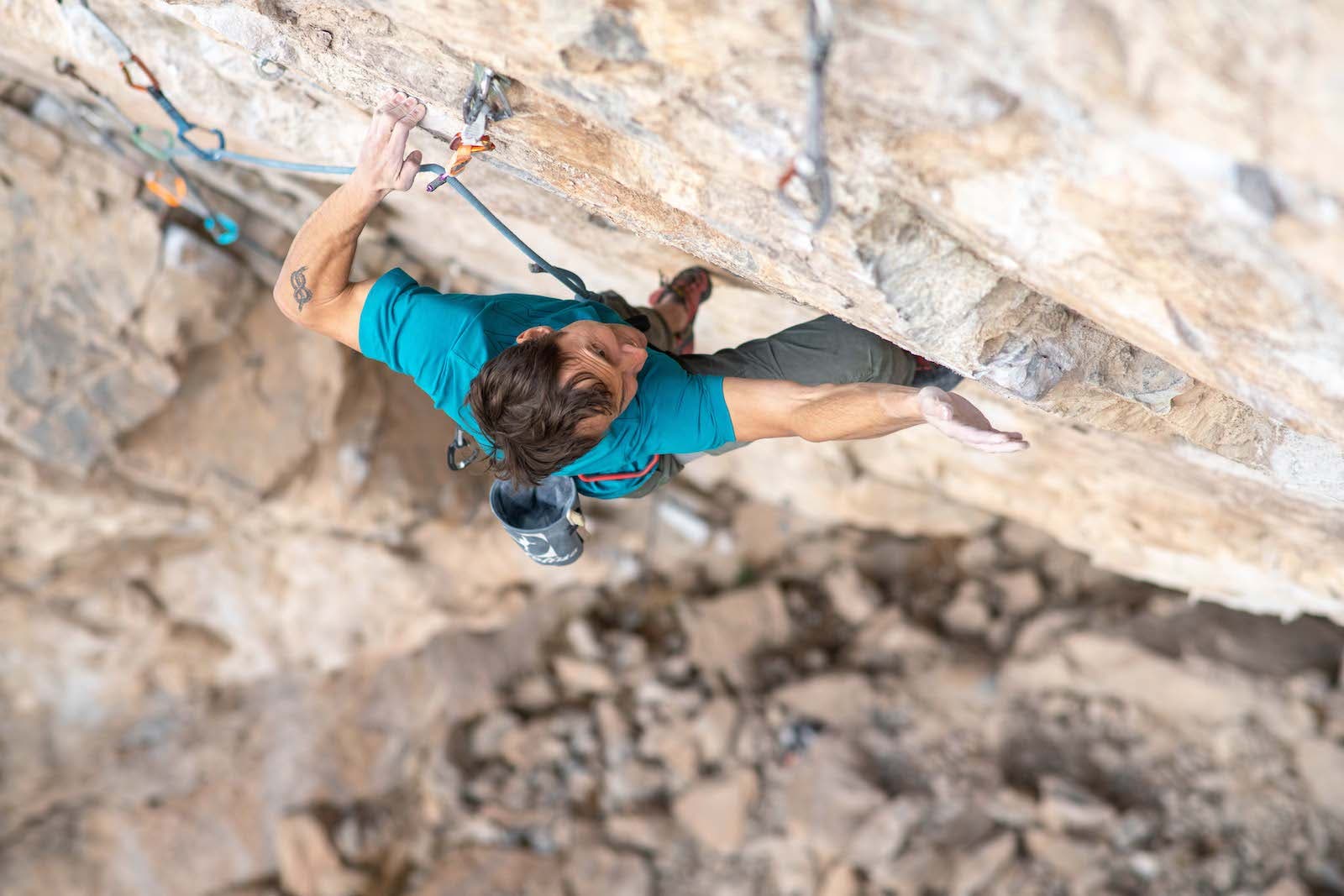 Siegrist on the first ascent of Forbidden Planet, 5.14b.