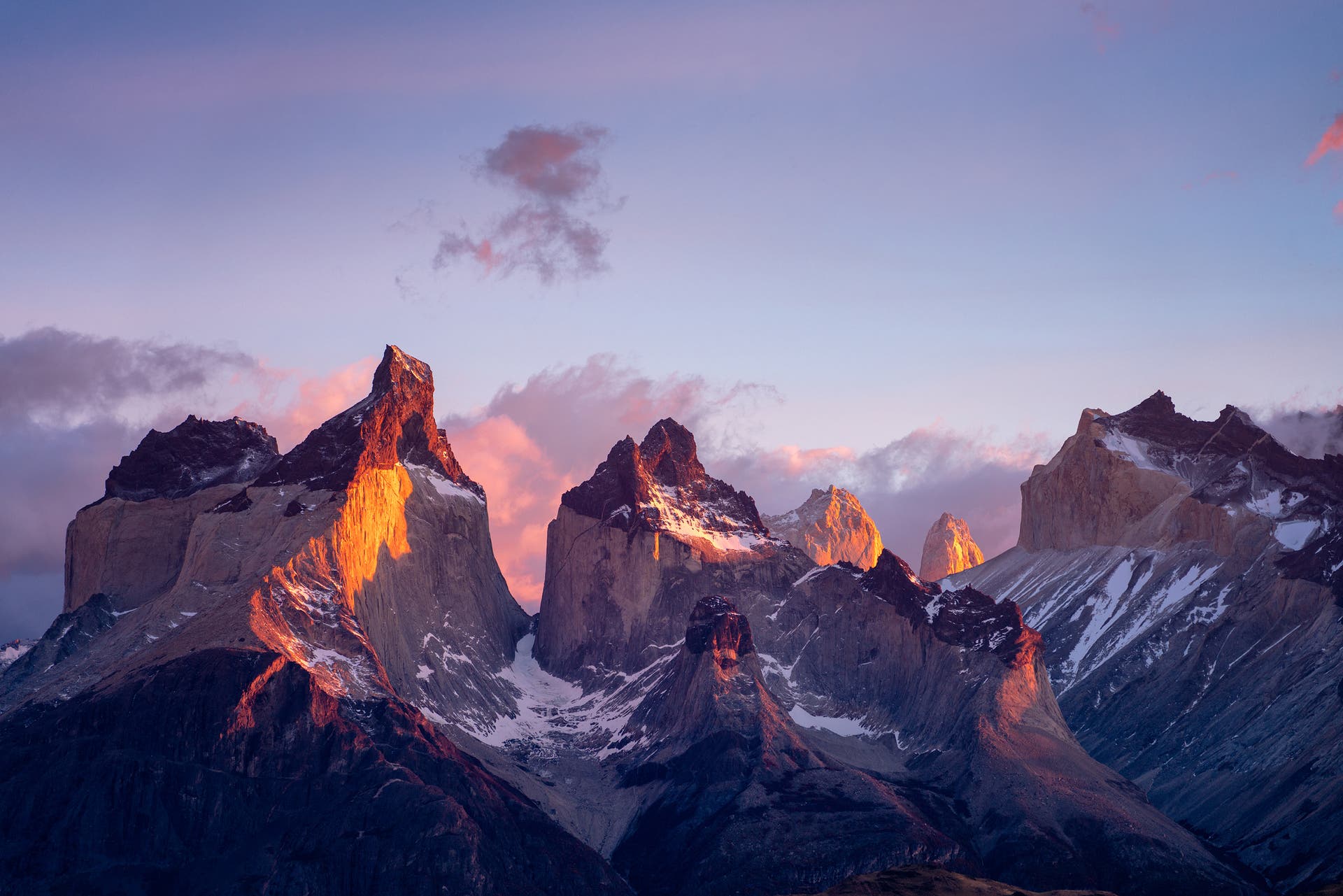 Big mountains in Torres Del Paine, Patagonia at sunset.