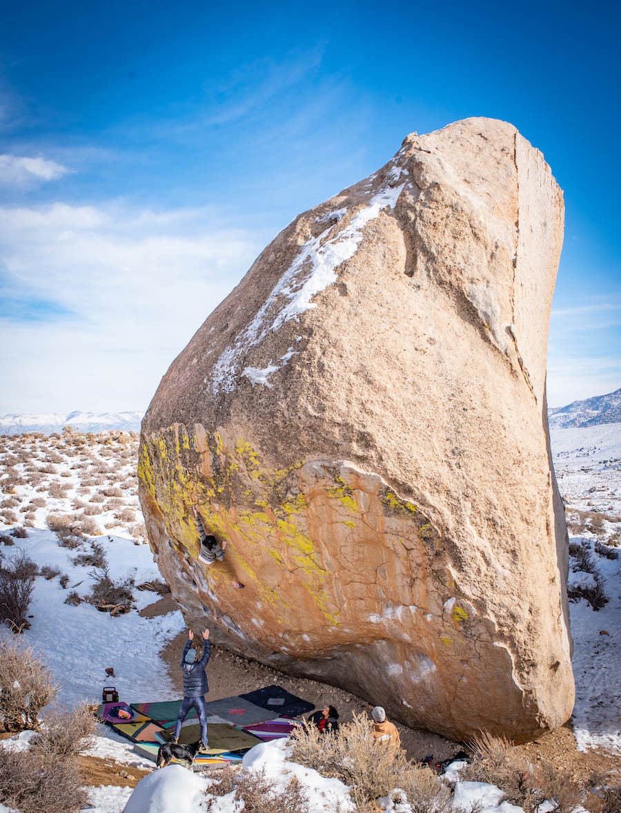 Katie Lamb on Direct North, a stunningly tall V14 at the Buttermilks, in Bishop, CA.