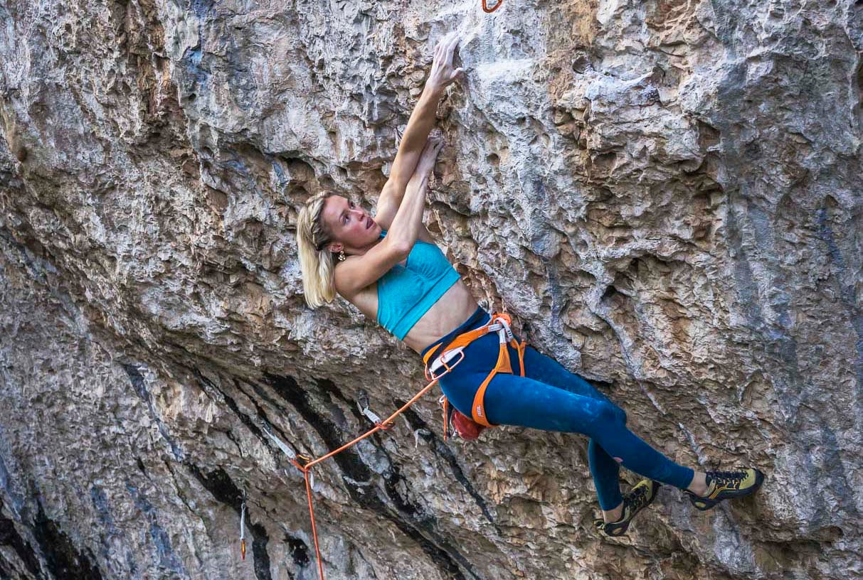 French climbing Olympic team member Julia Chanourdie on Eagle (9b/5.15b)at St. Leger, France.
