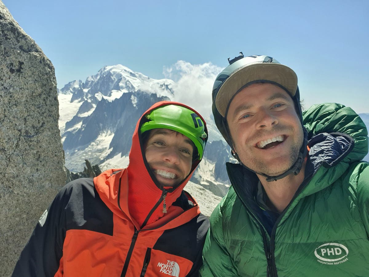 Alex Honnold and Jonathan Griffith on the top of the Drus after finishing filming