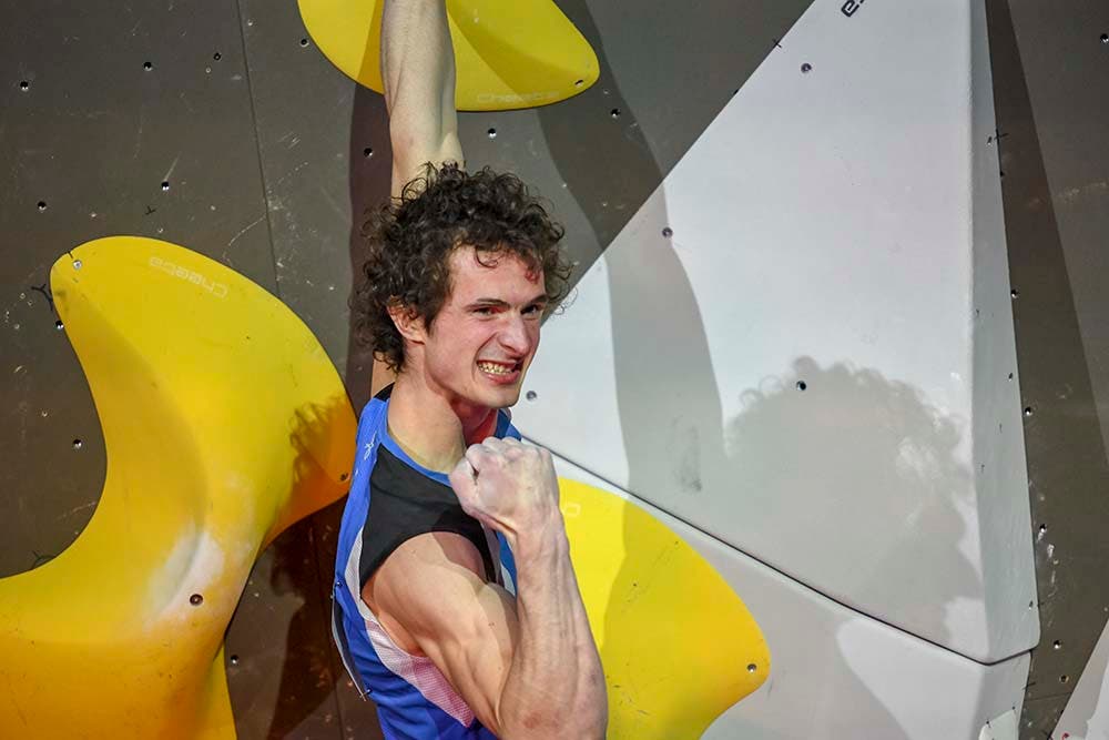 Climber Adam Ondra competiting in a Bouldering World cup in Switzerland in 2019.