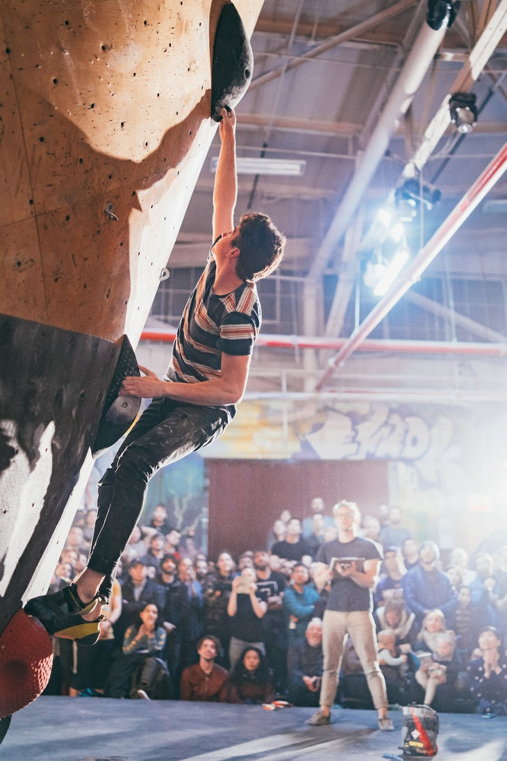 male climber during a competition at Brooklyn Boulders