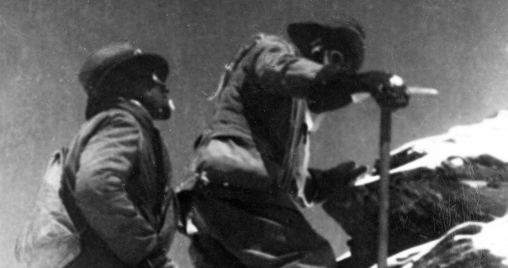 George Mallory and Edward Norton at 27,000 feet on Mount Everest in 1922.